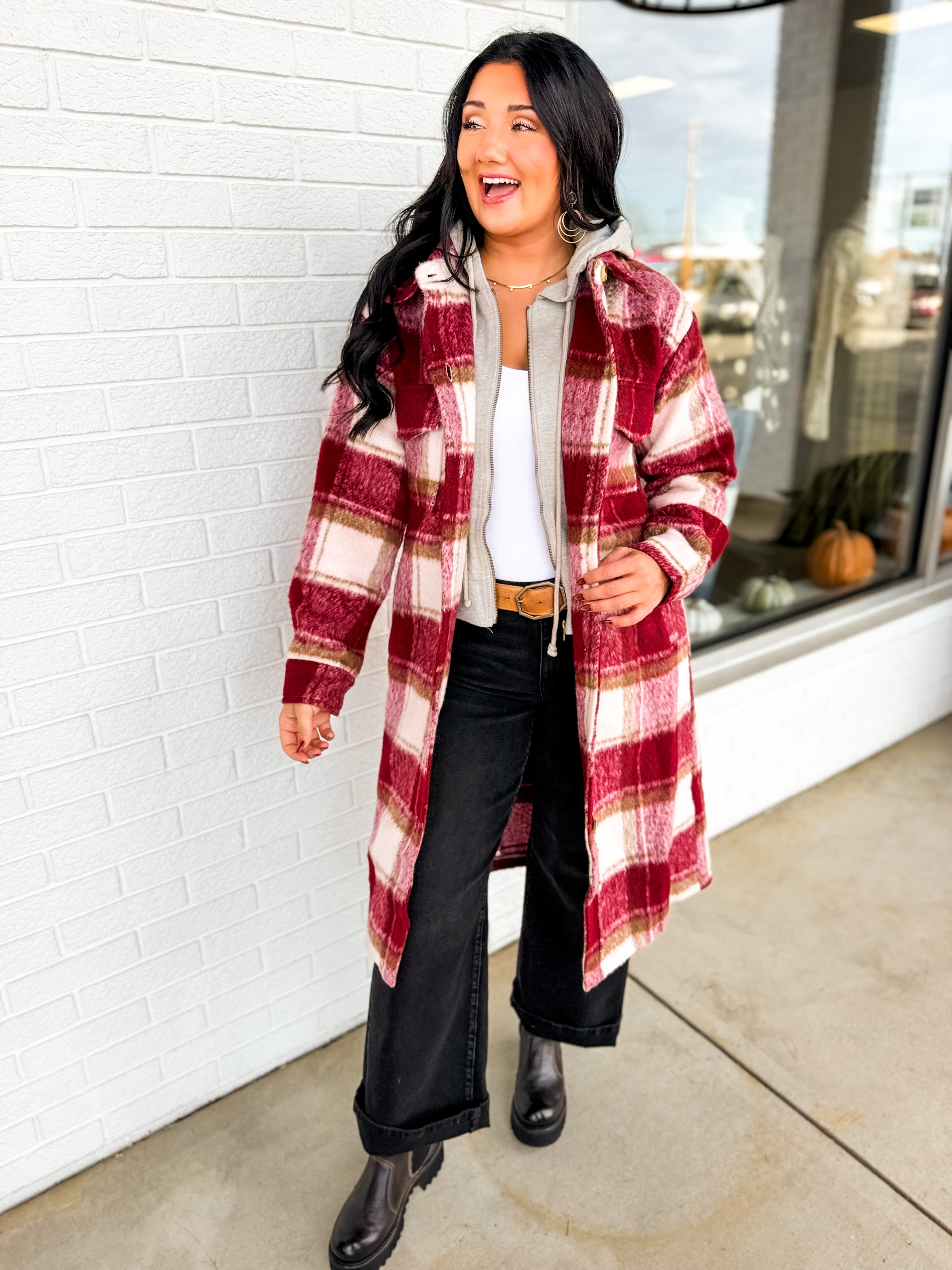 Plaid Twofer Hooded Long Jacket - Ivory/Red - Lace and Grace Boutique