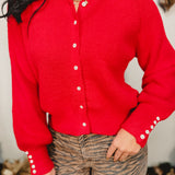 Fuzzy Ribbed Knitted Cardigan - Red