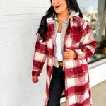 Plaid Twofer Hooded Long Jacket - Ivory/Red - Lace and Grace Boutique