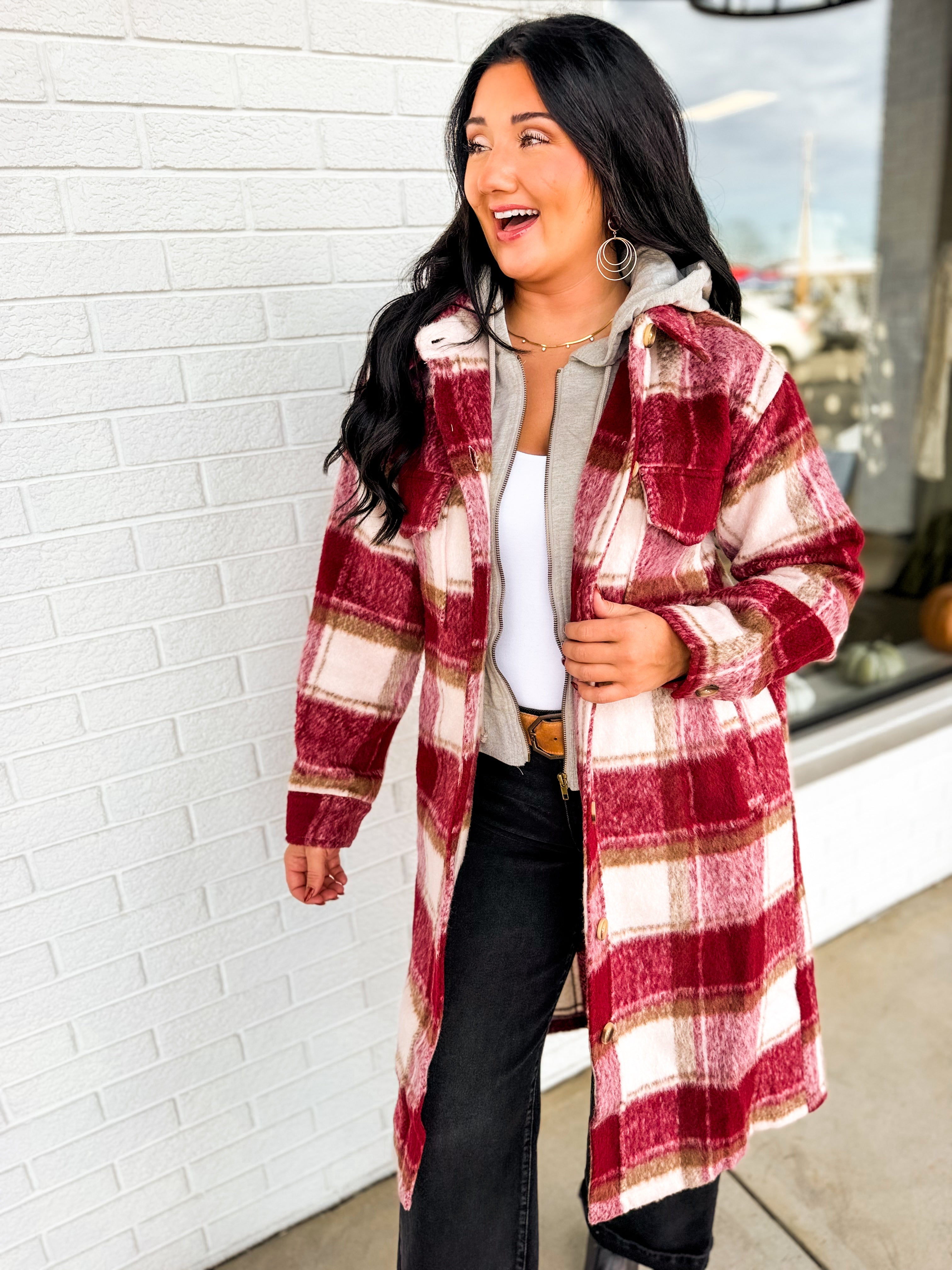 Plaid Twofer Hooded Long Jacket - Ivory/Red - Lace and Grace Boutique