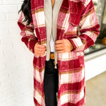 Plaid Twofer Hooded Long Jacket - Ivory/Red - Lace and Grace Boutique
