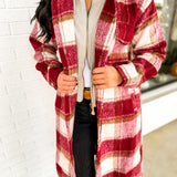 Plaid Twofer Hooded Long Jacket - Ivory/Red - Lace and Grace Boutique