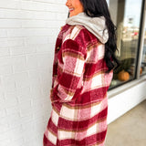 Plaid Twofer Hooded Long Jacket - Ivory/Red - Lace and Grace Boutique