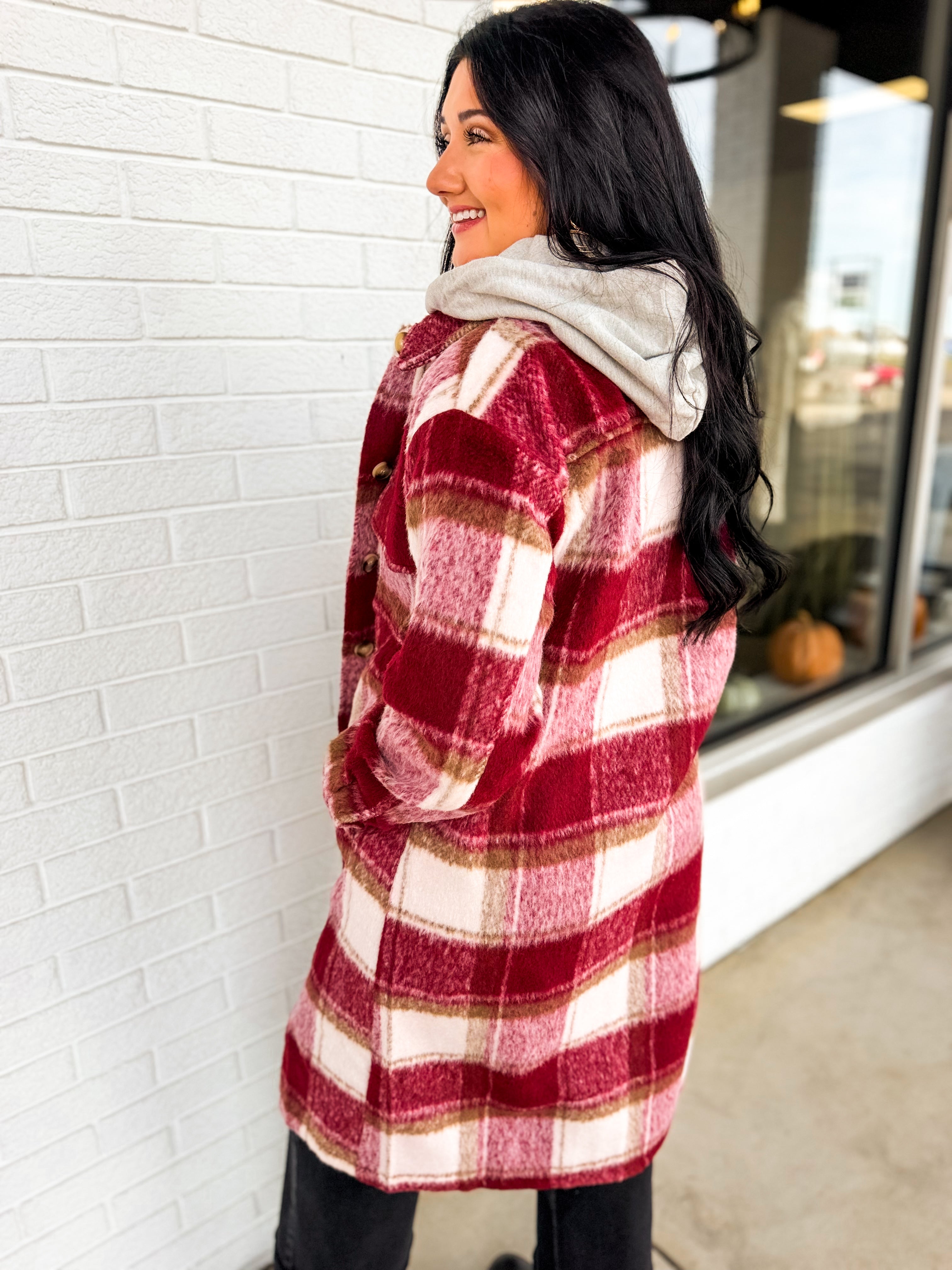Plaid Twofer Hooded Long Jacket - Ivory/Red - Lace and Grace Boutique