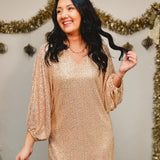 Sequin Balloon Sleeve Mini Dress - Gold