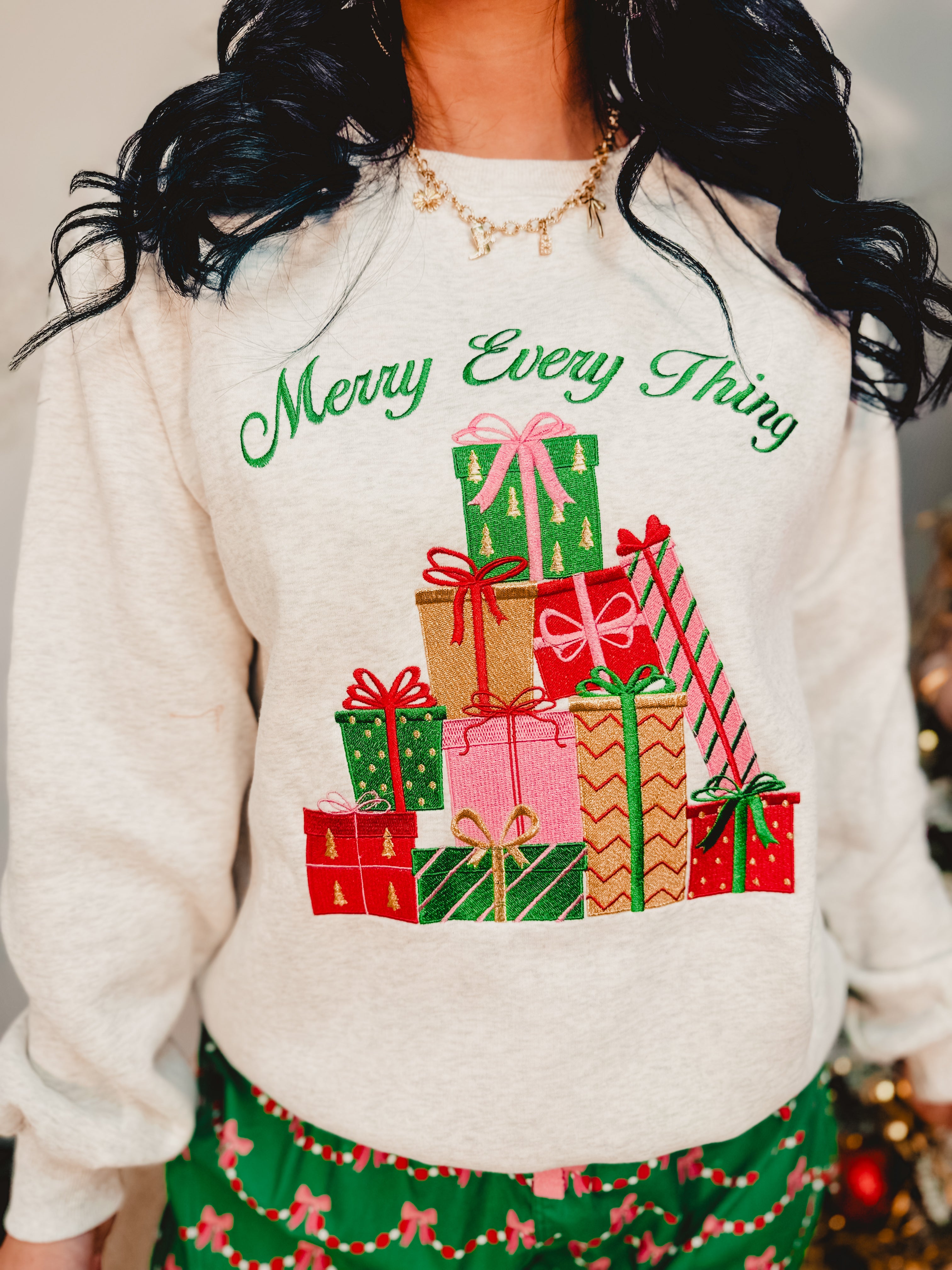 Merry Every Thing Embroidered Sweatshirt - H. Grey - Lace and Grace Boutique