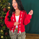 Cable Knit Ribbon Tie Accent Knit Cardigan - Red - Lace and Grace Boutique