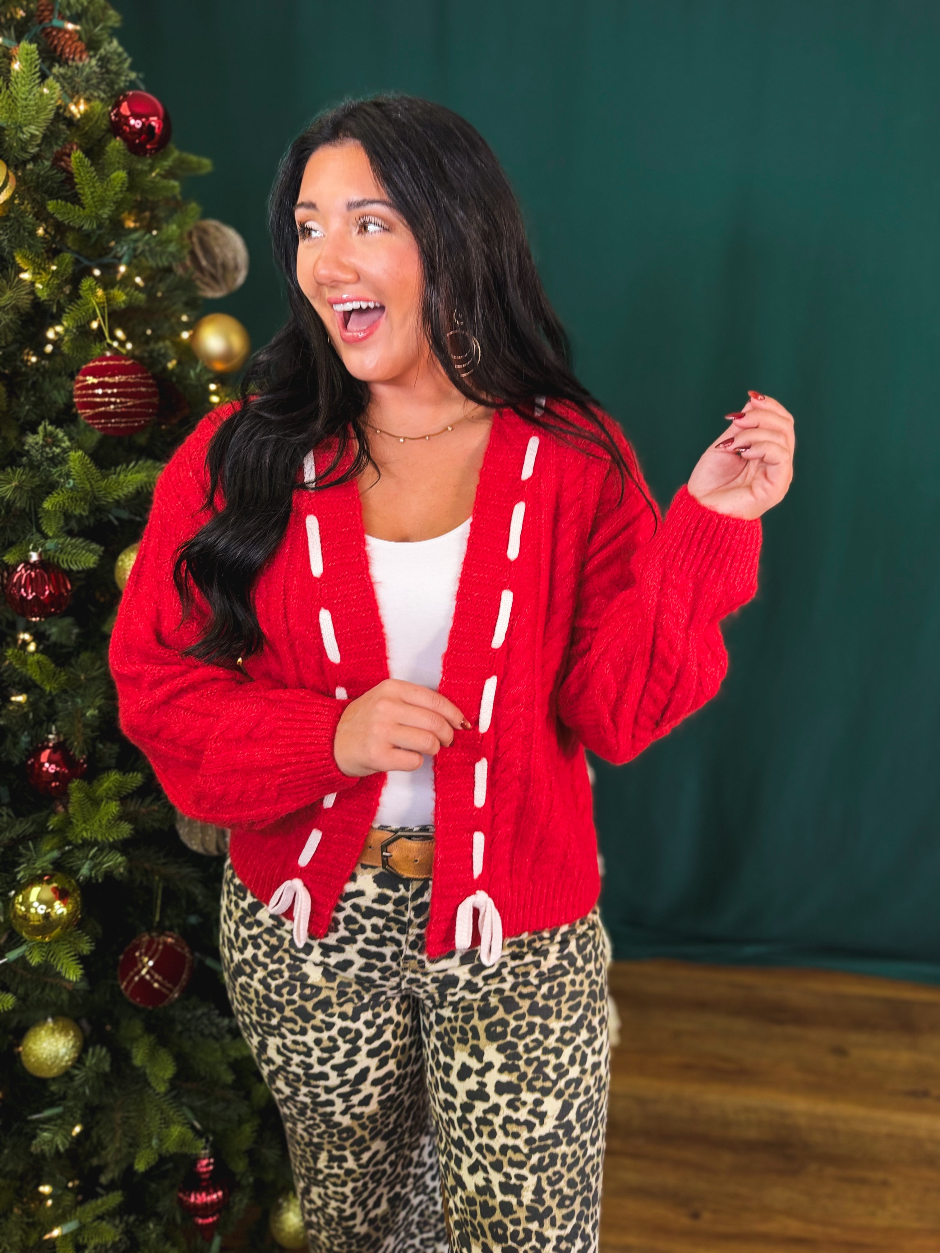 Cable Knit Ribbon Tie Accent Knit Cardigan - Red - Lace and Grace Boutique