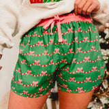 Christmas Bow Garland Lounge Shorts - Green Multi - Lace and Grace Boutique
