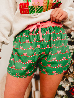 Christmas Bow Garland Lounge Shorts - Green Multi - Lace and Grace Boutique