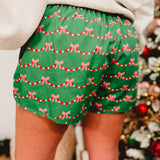 Christmas Bow Garland Lounge Shorts - Green Multi - Lace and Grace Boutique