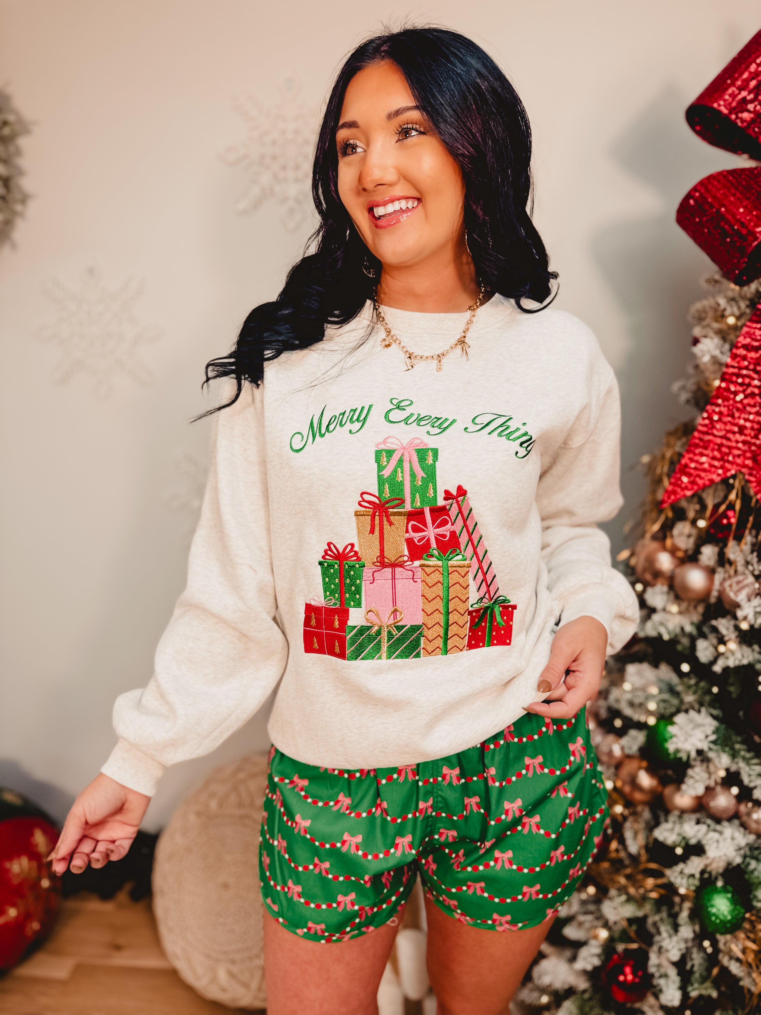 Merry Every Thing Embroidered Sweatshirt - H. Grey - Lace and Grace Boutique