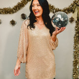 Sequin Balloon Sleeve Mini Dress - Gold