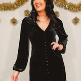 Velvet Long Sleeve Babydoll Mini Dress - Black