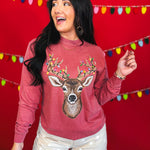 Sparkle Deer & Lights Long Sleeve Graphic Tee - Crimson - Lace and Grace Boutique