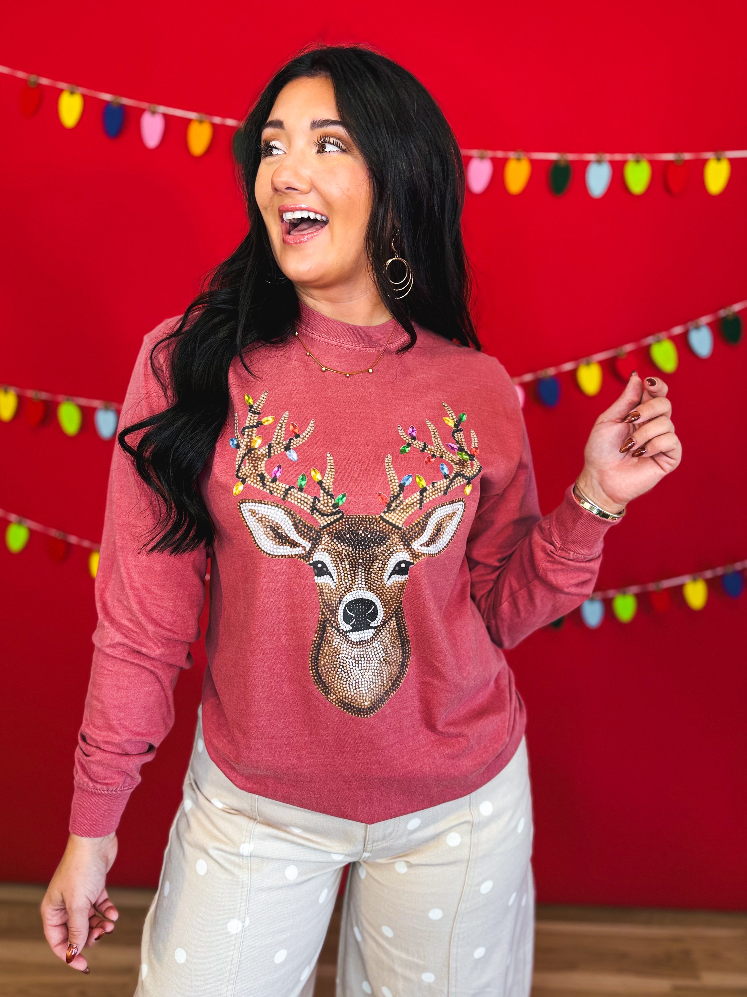 Sparkle Deer & Lights Long Sleeve Graphic Tee - Crimson - Lace and Grace Boutique
