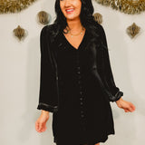 Velvet Long Sleeve Babydoll Mini Dress - Black
