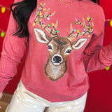 Sparkle Deer & Lights Long Sleeve Graphic Tee - Crimson - Lace and Grace Boutique