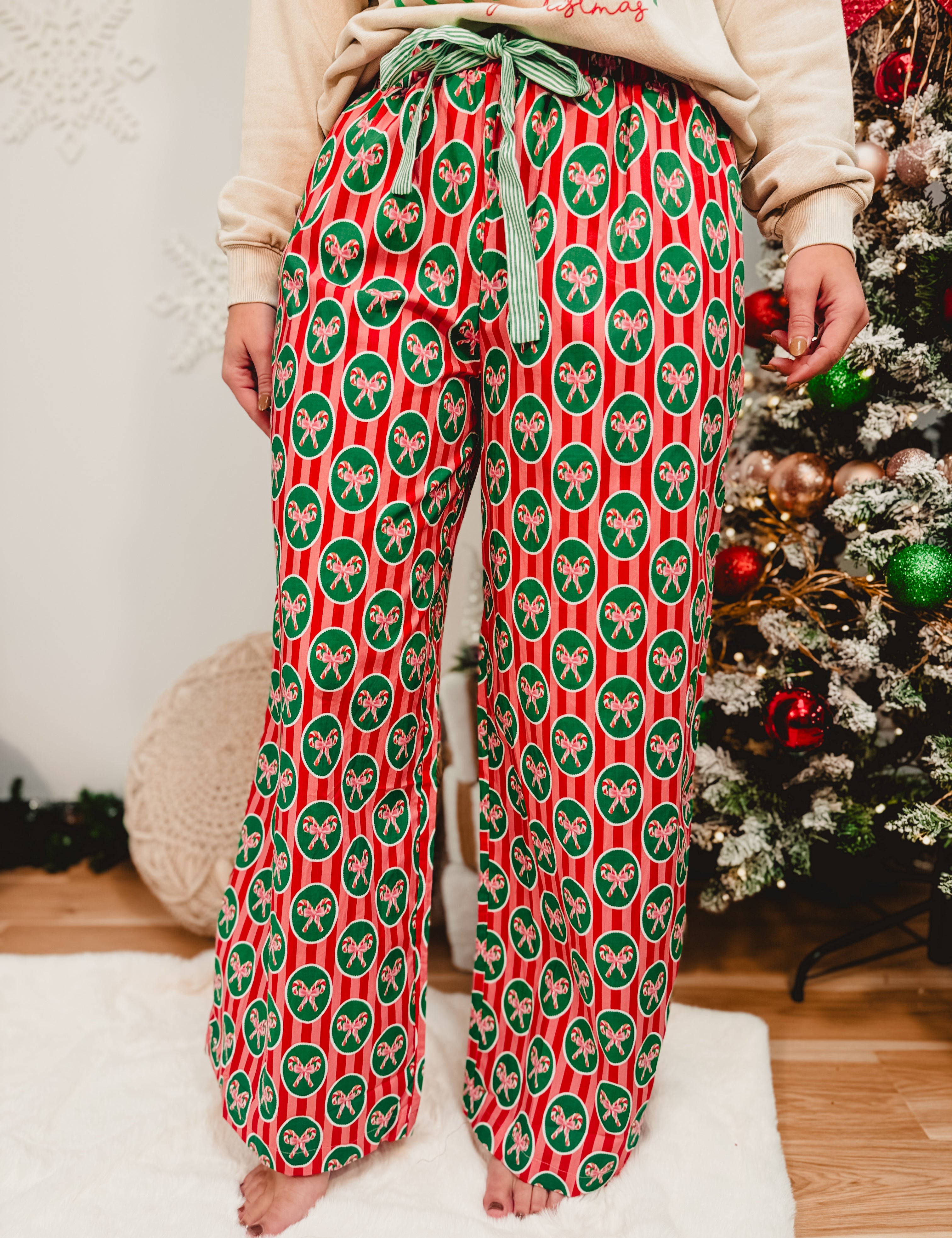Christmas Candy Cane Printed Poplin Pajama Pants - Lace and Grace Boutique