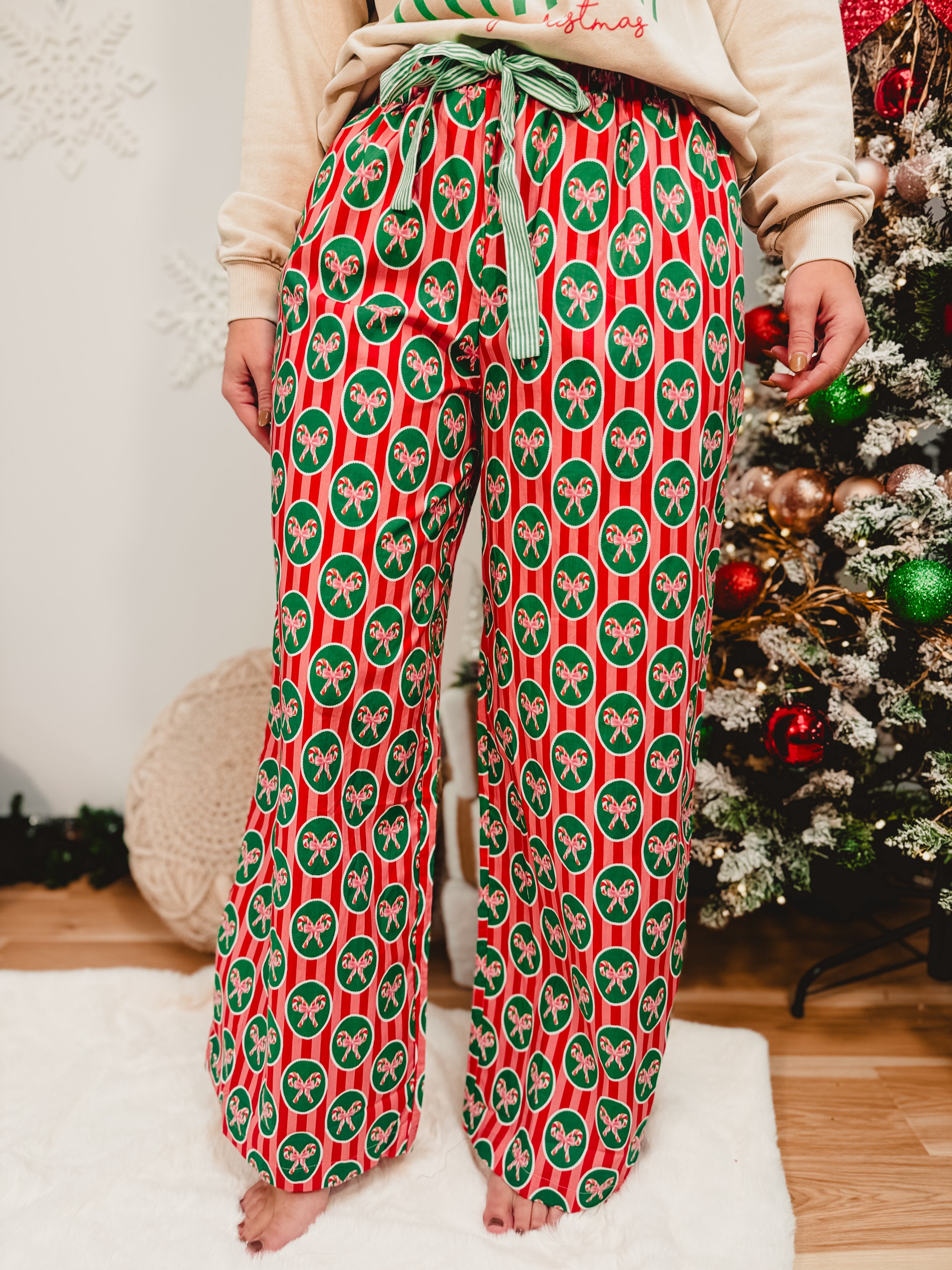 Christmas Candy Cane Printed Poplin Pajama Pants - Lace and Grace Boutique
