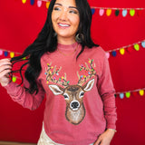 Sparkle Deer & Lights Long Sleeve Graphic Tee - Crimson - Lace and Grace Boutique