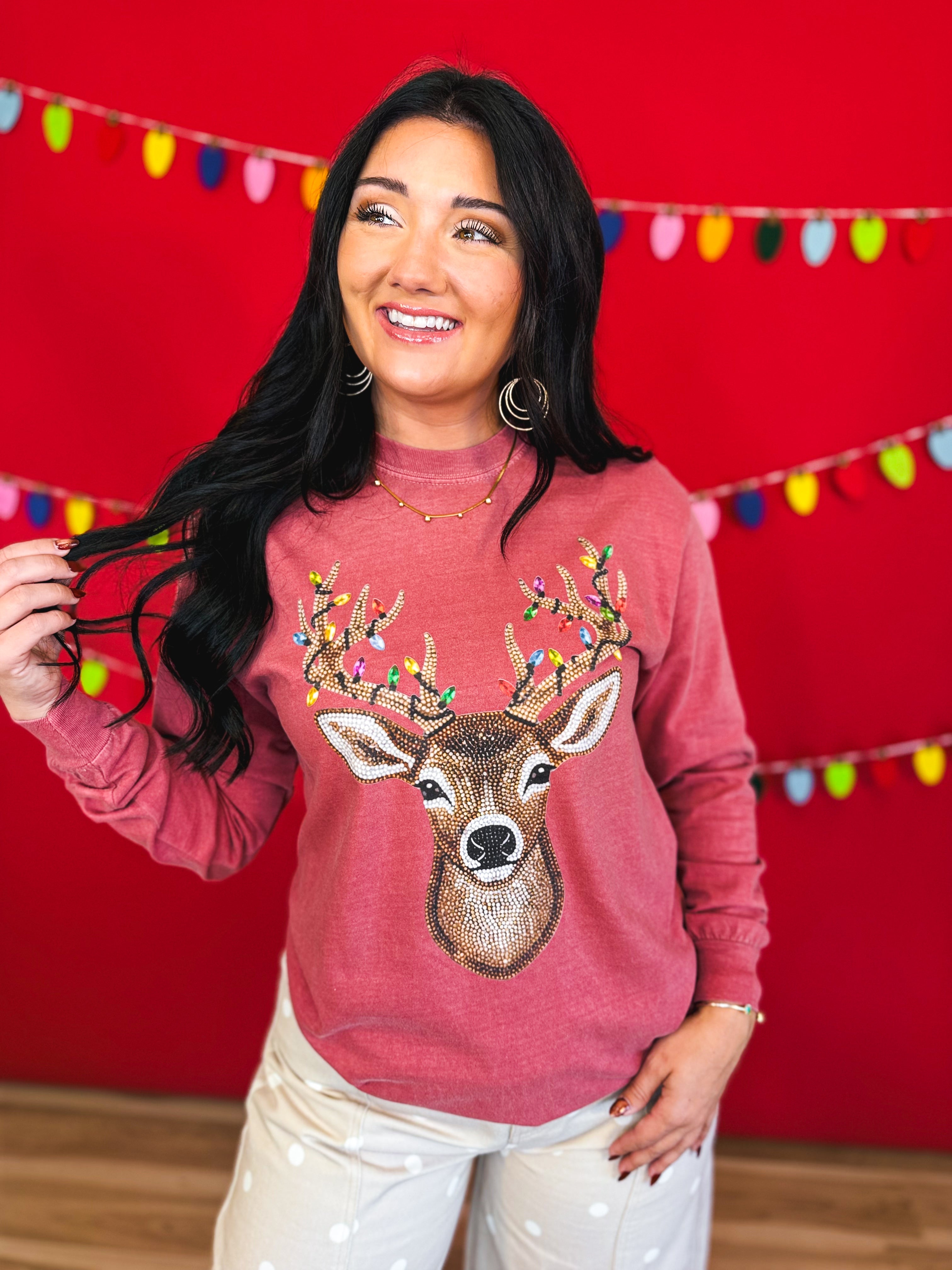 Sparkle Deer & Lights Long Sleeve Graphic Tee - Crimson - Lace and Grace Boutique