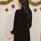 Velvet Long Sleeve Babydoll Mini Dress - Black