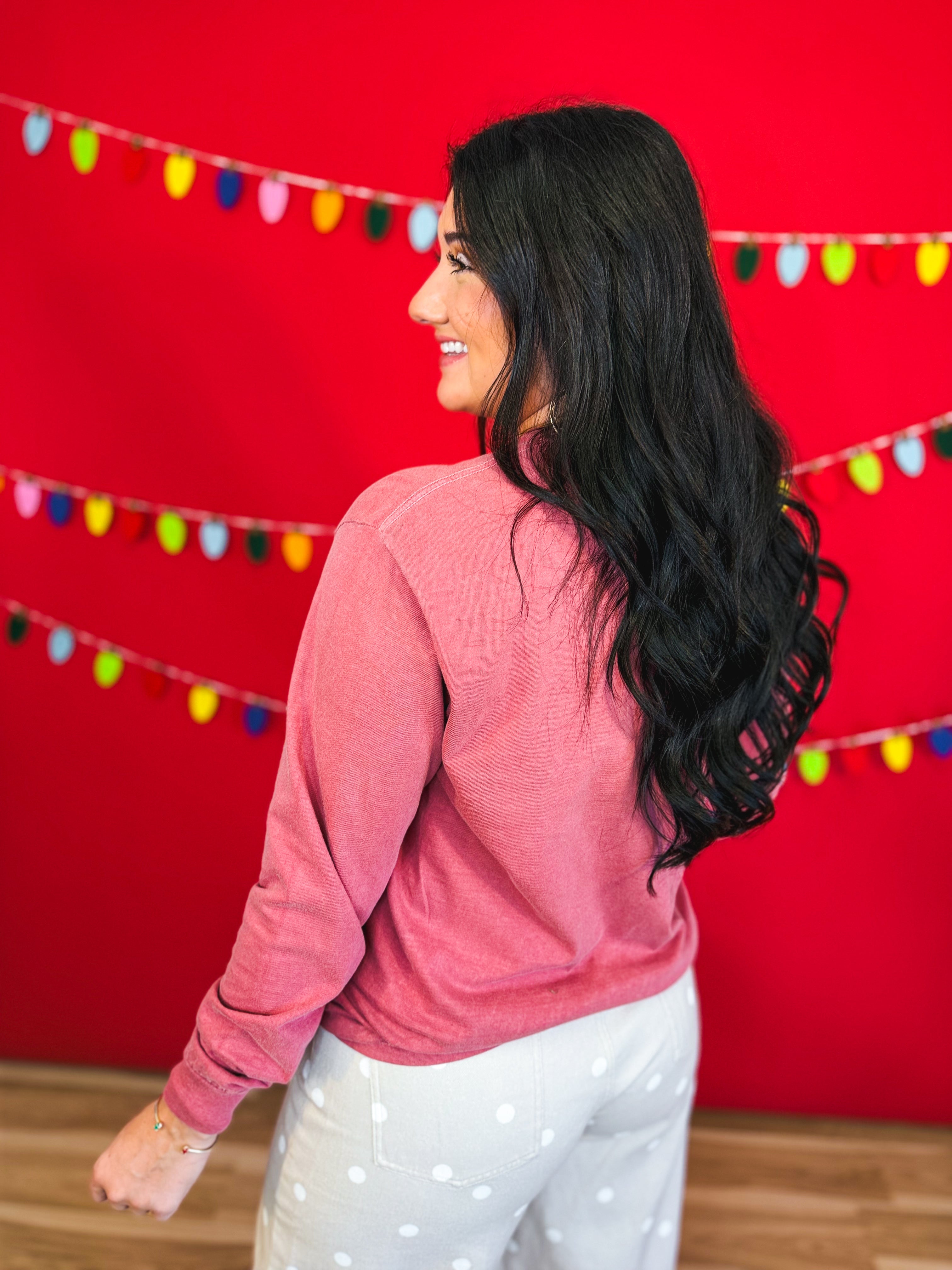 Sparkle Deer & Lights Long Sleeve Graphic Tee - Crimson - Lace and Grace Boutique