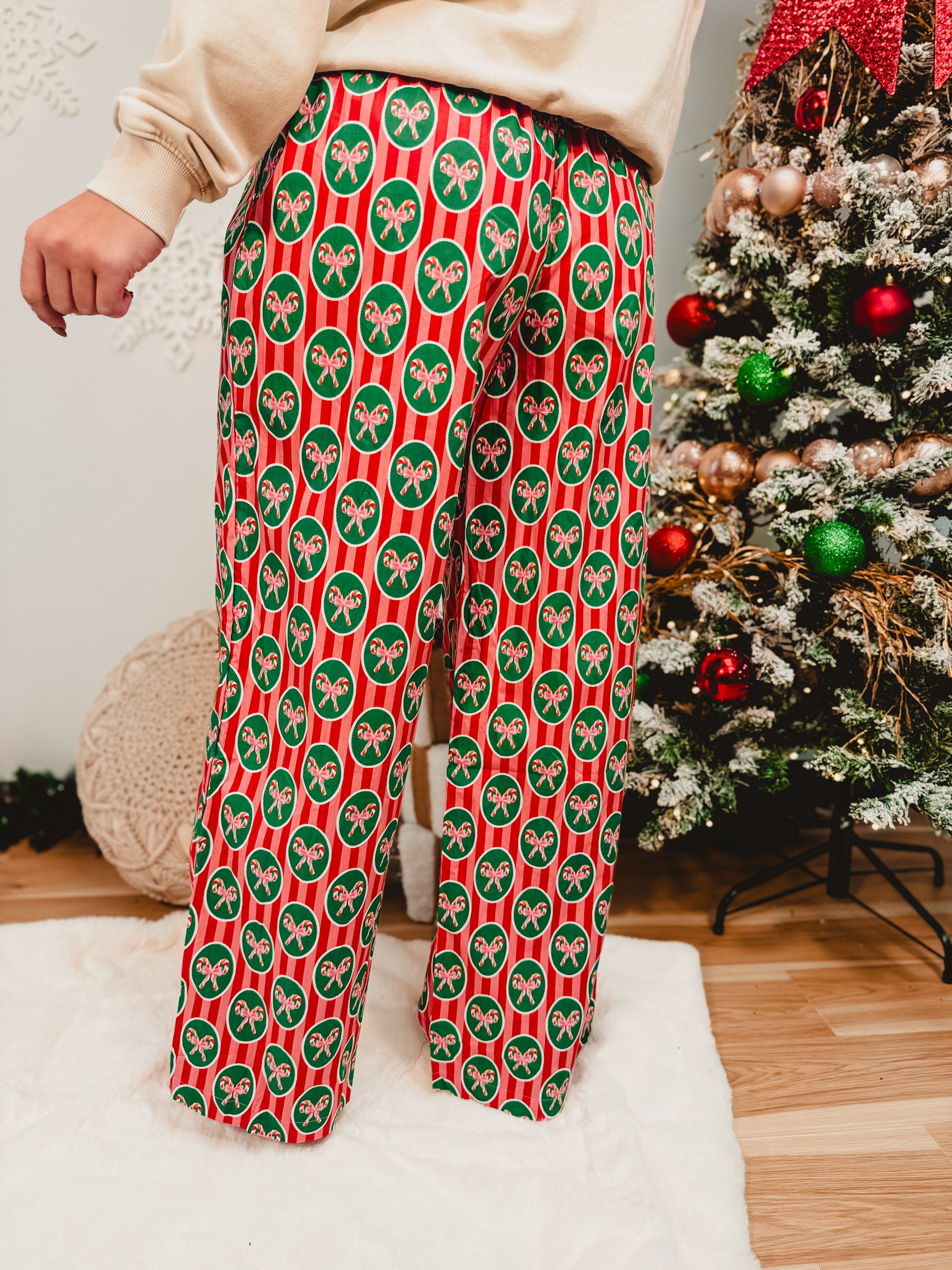 Christmas Candy Cane Printed Poplin Pajama Pants - Lace and Grace Boutique