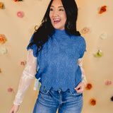 Side Tie Scalloped Sweater - Blue