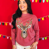 Sparkle Deer & Lights Long Sleeve Graphic Tee - Crimson - Lace and Grace Boutique