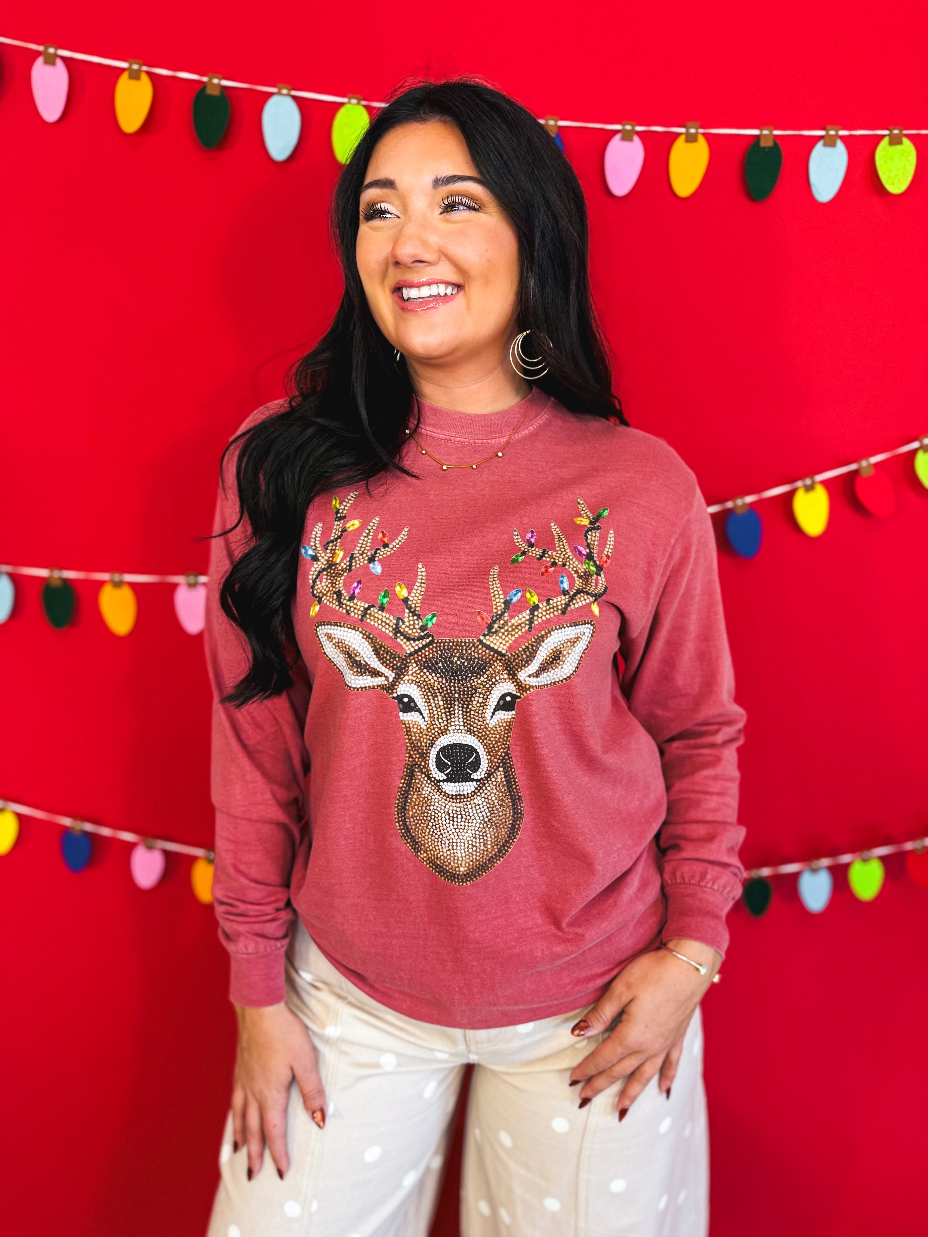 Sparkle Deer & Lights Long Sleeve Graphic Tee - Crimson - Lace and Grace Boutique