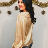 Metallic Balloon Sleeve Woven Blouse - Gold