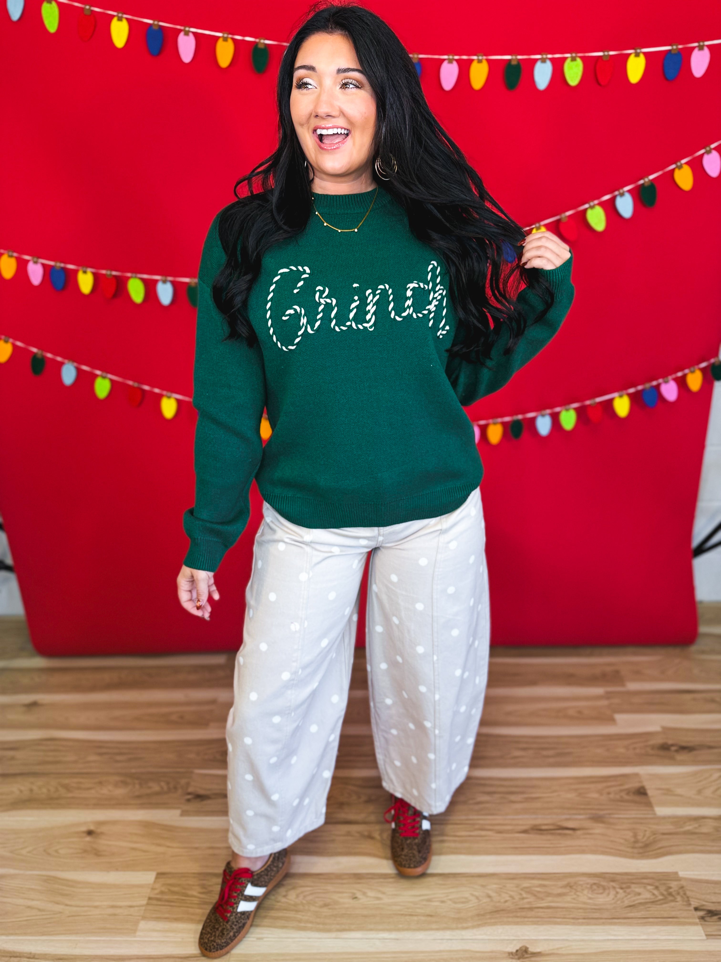 Grinch Striped Lettered Knit Sweater - Hunter Green - Lace and Grace Boutique
