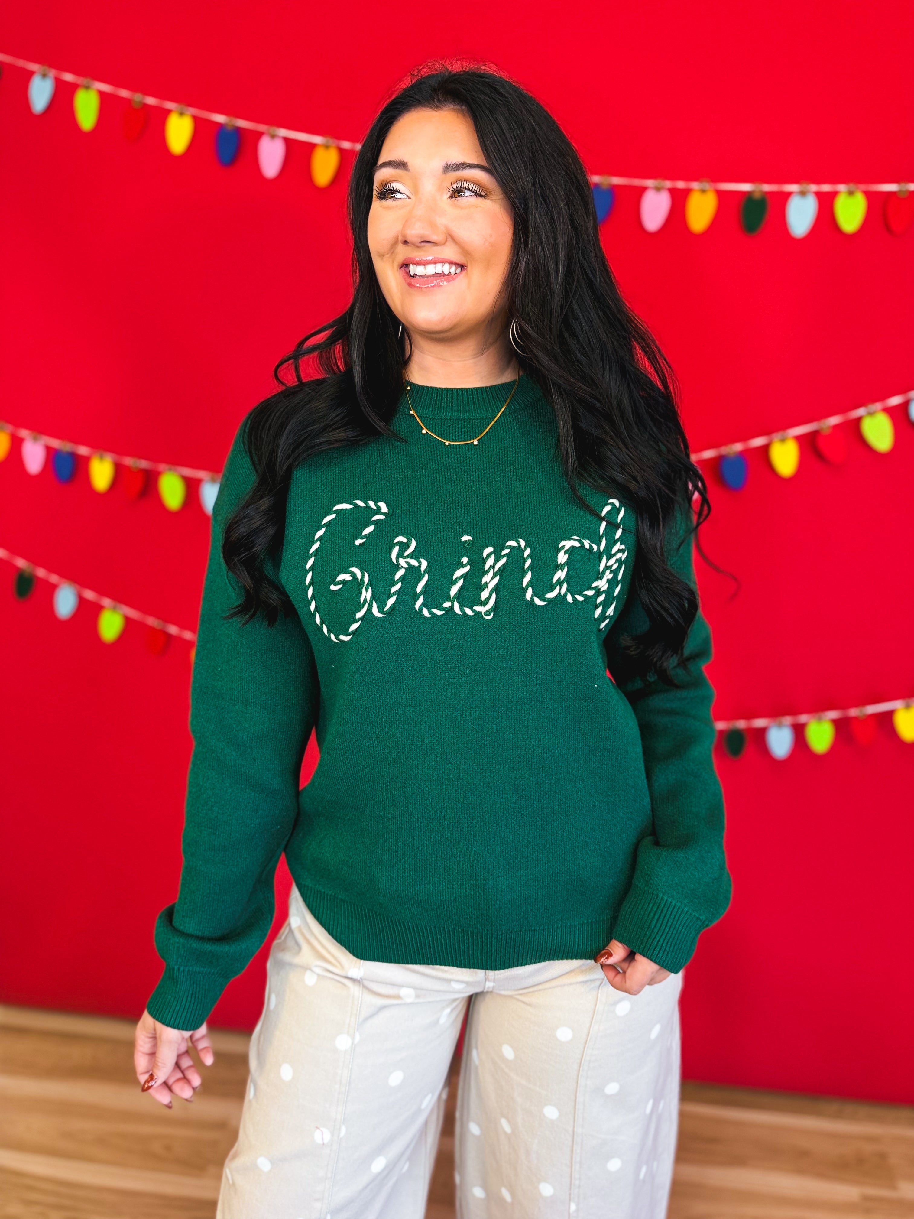Grinch Striped Lettered Knit Sweater - Hunter Green - Lace and Grace Boutique