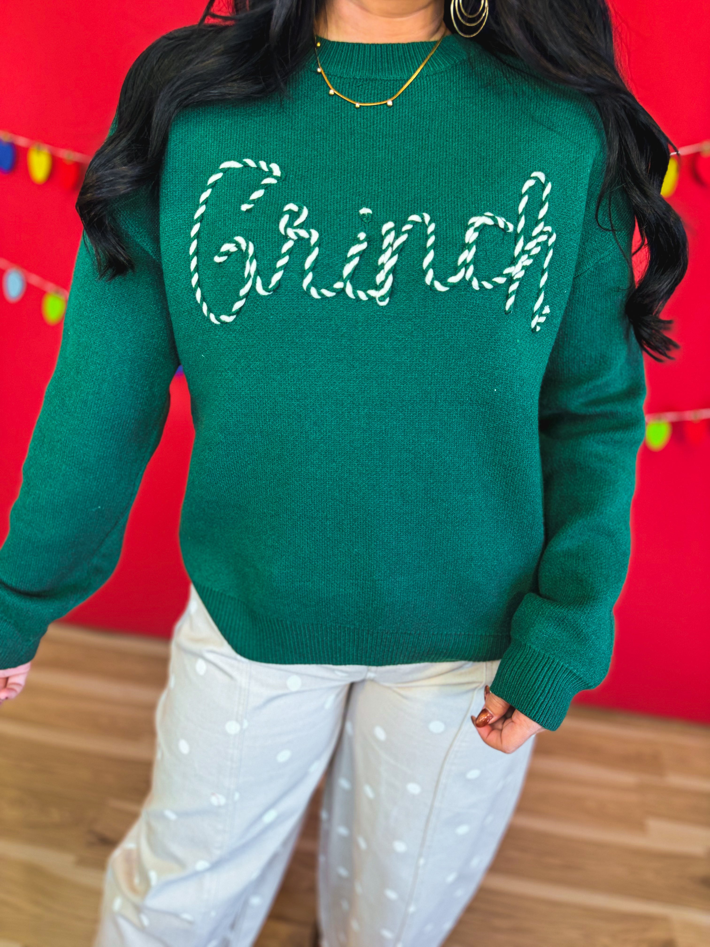 Grinch Striped Lettered Knit Sweater - Hunter Green - Lace and Grace Boutique