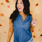 Floral Embroidered Sleeveless Denim Top - Blue