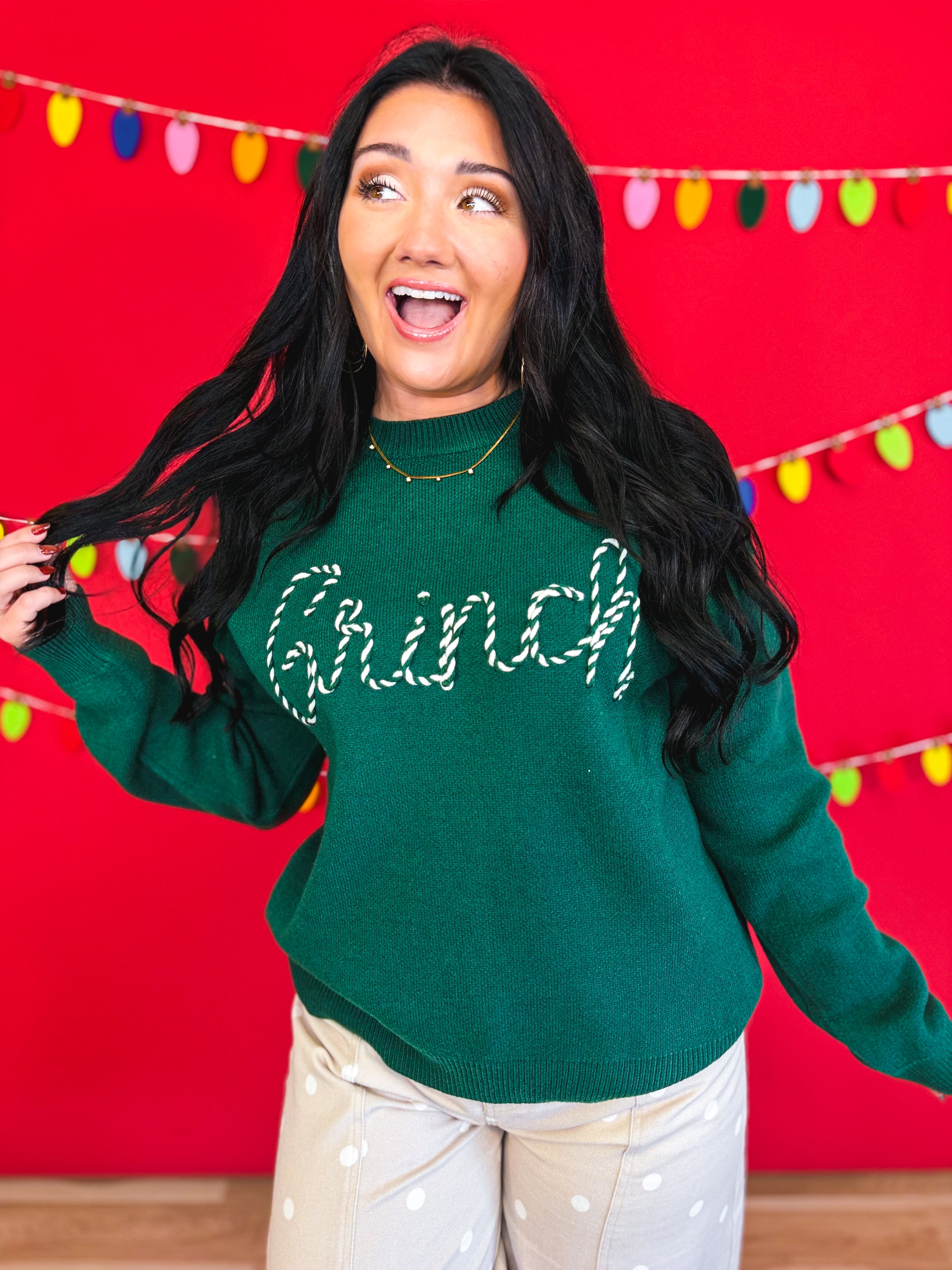 Grinch Striped Lettered Knit Sweater - Hunter Green - Lace and Grace Boutique