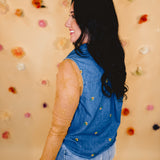 Floral Embroidered Sleeveless Denim Top - Blue
