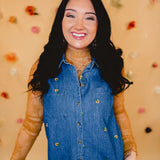 Floral Embroidered Sleeveless Denim Top - Blue