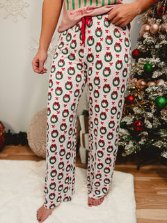 Christmas Bow Wreath Pajama Pants - White Multi - Lace and Grace Boutique