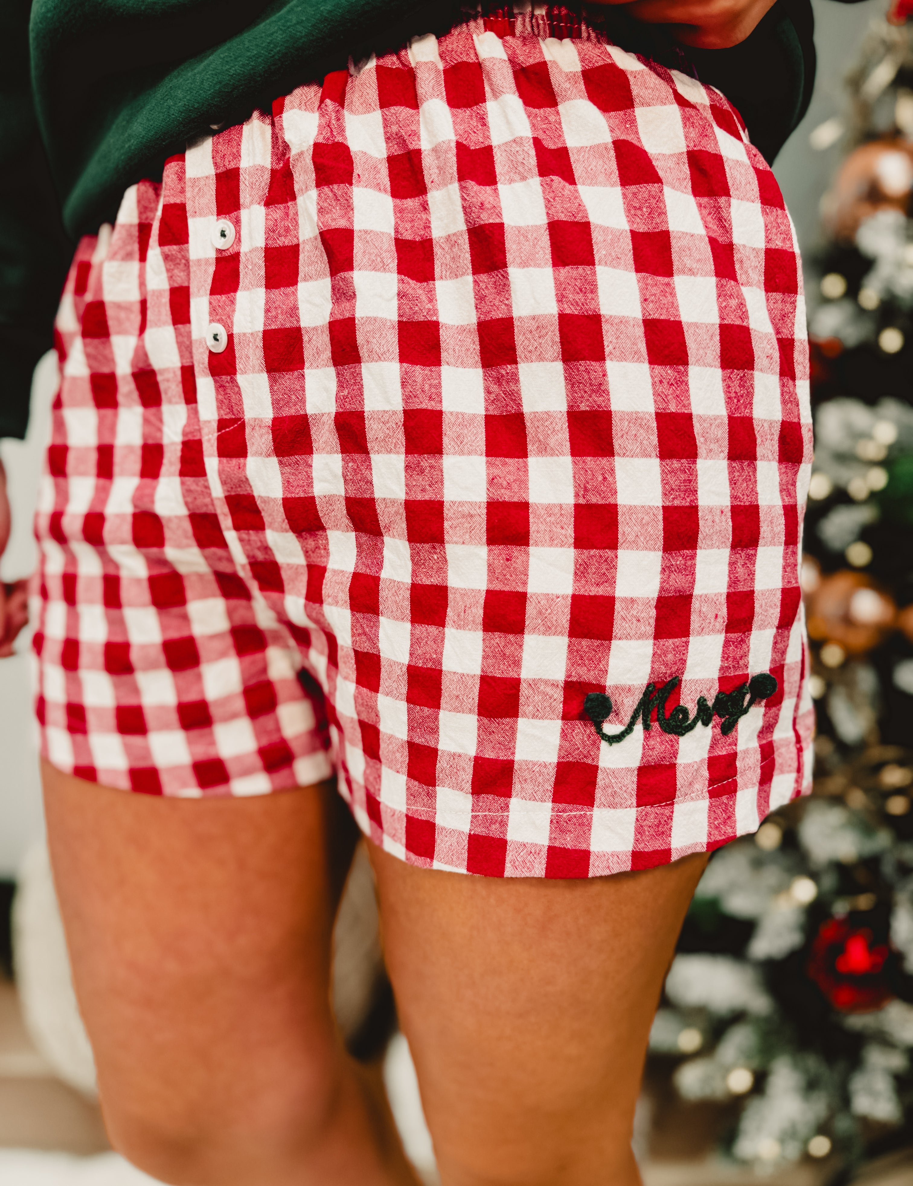 Merry Pom Pom Gingham Boxer Shorts - Red - Lace and Grace Boutique