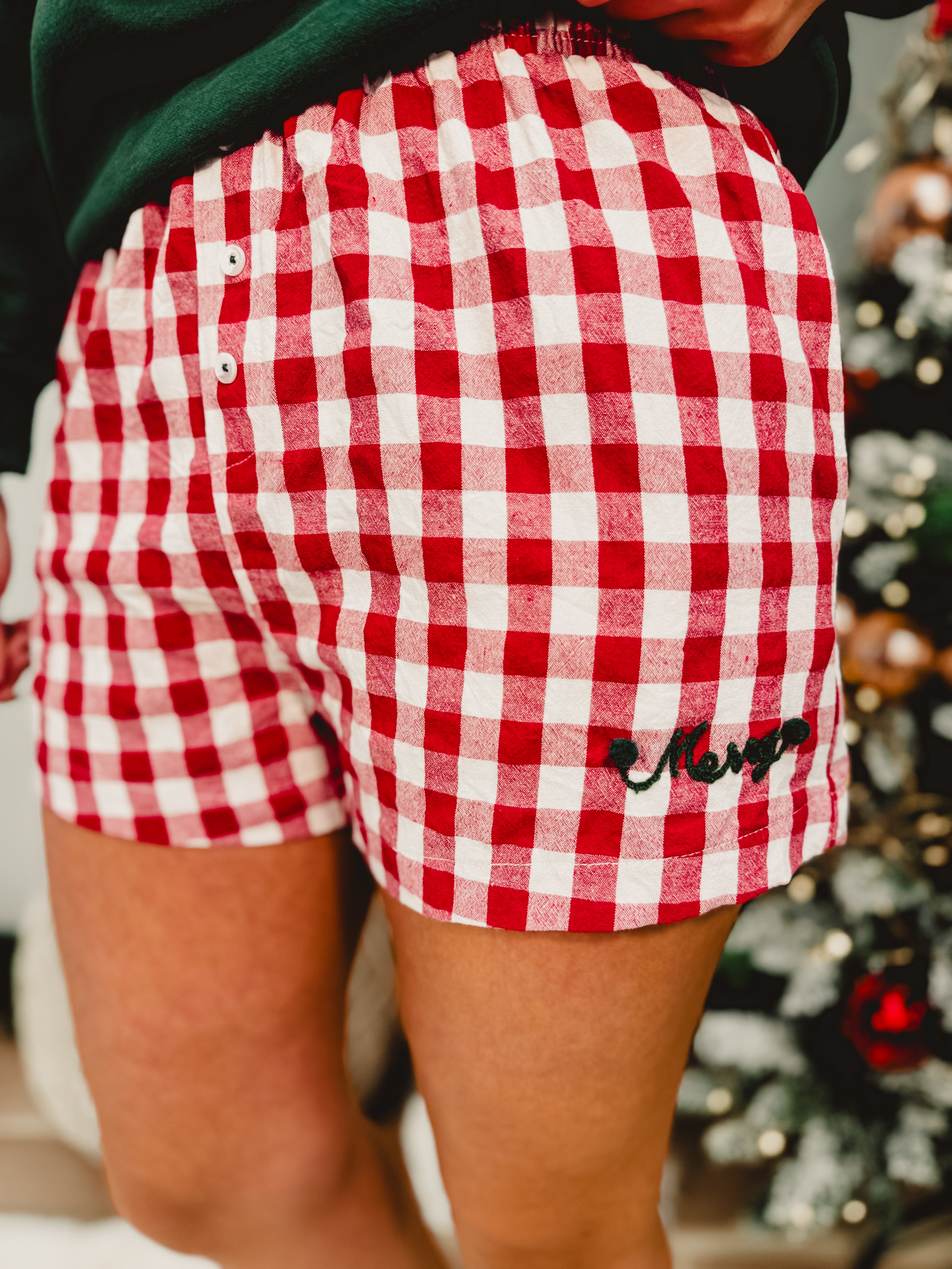 Merry Pom Pom Gingham Boxer Shorts - Red - Lace and Grace Boutique