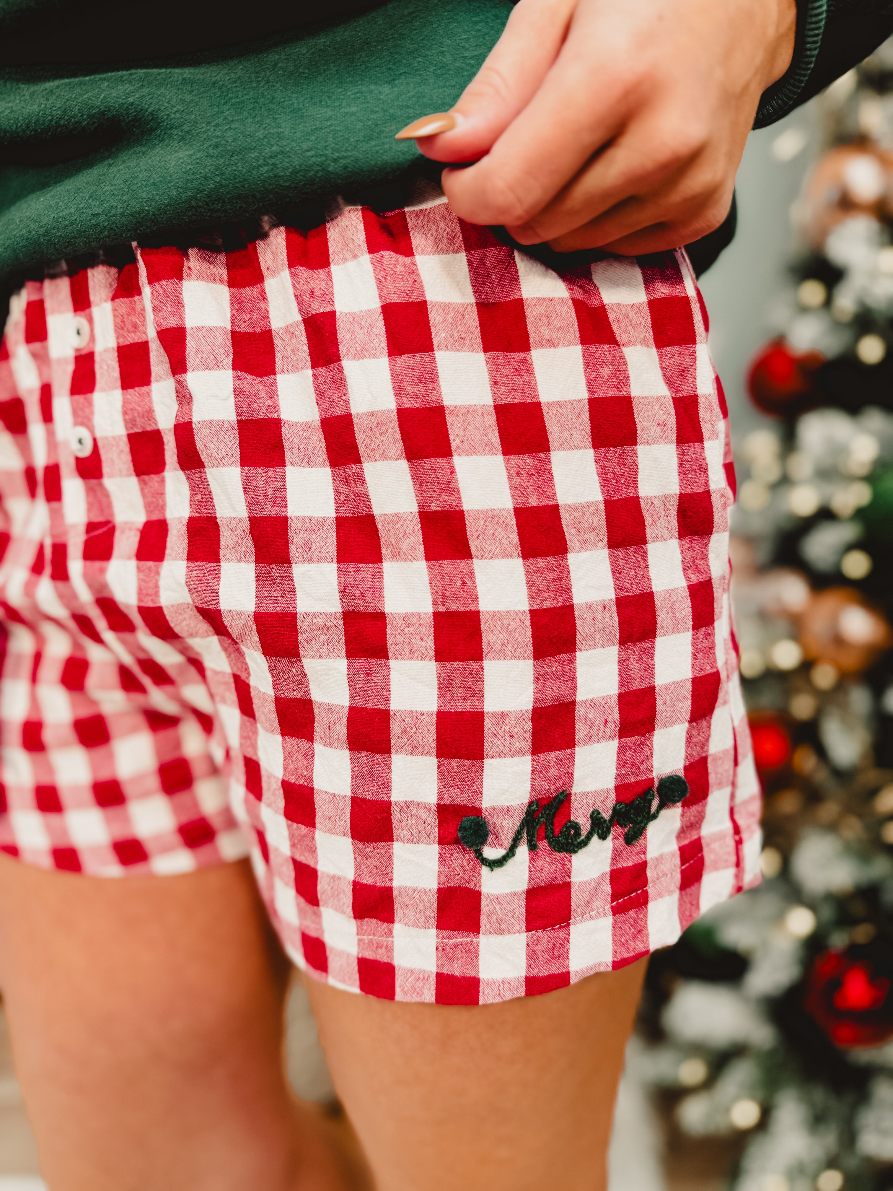 Merry Pom Pom Gingham Boxer Shorts - Red - Lace and Grace Boutique