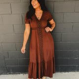 Lace Trim Button Down Maxi Dress - Mocha