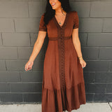 Lace Trim Button Down Maxi Dress - Mocha