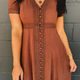 Lace Trim Button Down Maxi Dress - Mocha