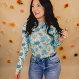 Vintage Floral Mesh Top -Blue