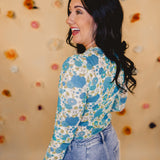 Vintage Floral Mesh Top -Blue