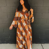 Harvest Patch Slit Maxi Dress - Brown Multi